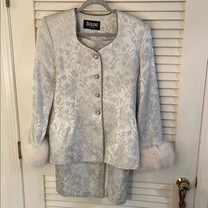 Solini Silver Brocade Jacket and Skirt Set with Sparkling Button Down & Trim